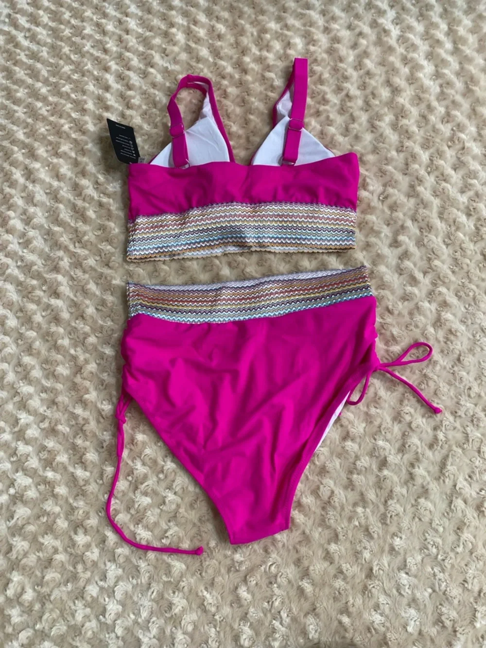 New Women Large Hot pink high-waisted two-piece bikini set featuring a V-neck